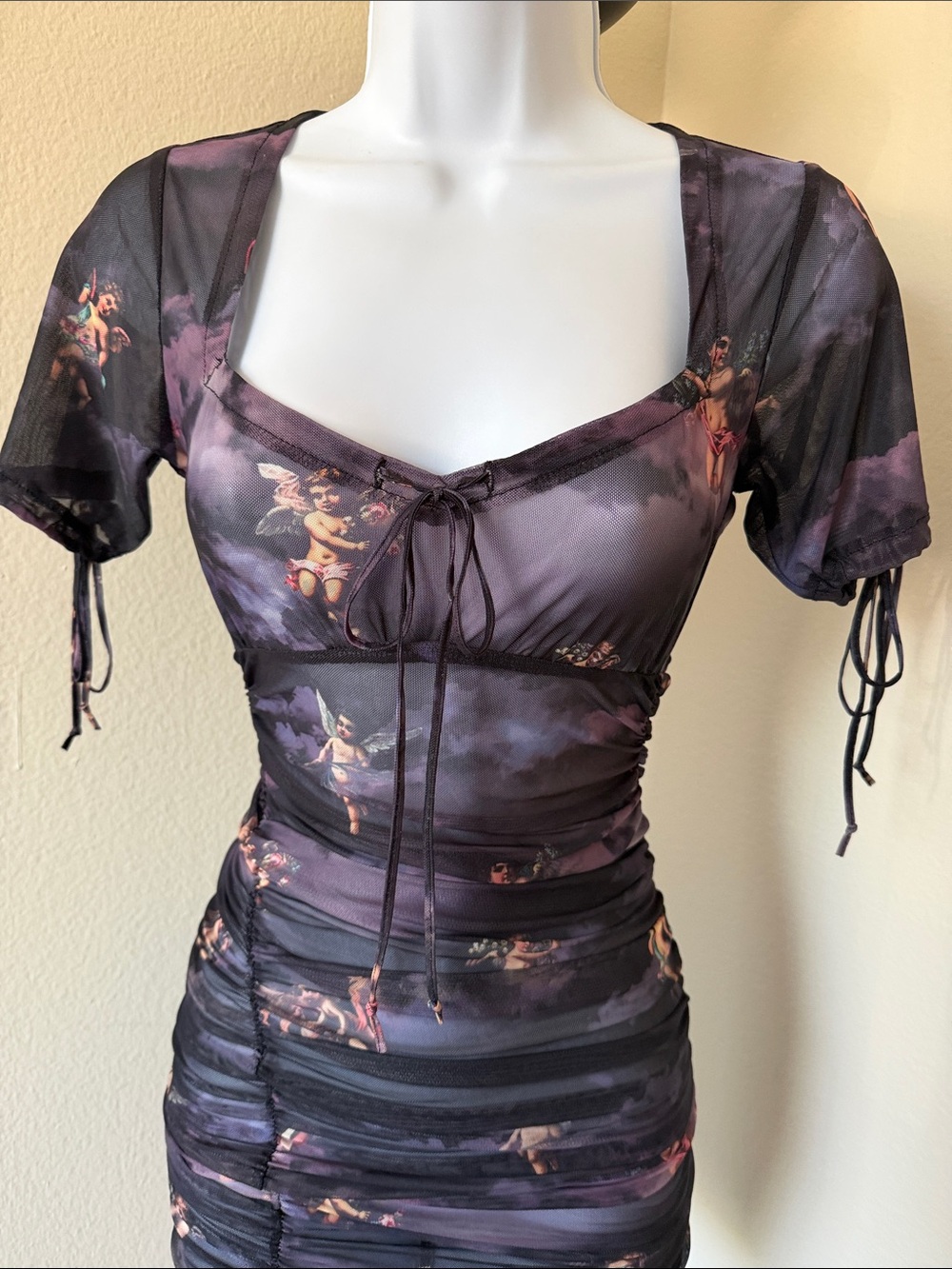 Ruched Sheer Mini Dress in Dark Purple Floral - Picture 7 of 9